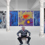 A person sit in front of four abstract artwork displayed in a gallery.