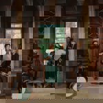  group of five musicians poses inside an ornate, old wooden interior with arched detailing and a large window looking out onto greenery. The musicians stand and sit with their instruments, including an accordion, a drum, a guitar, a double bass, and a trombone.