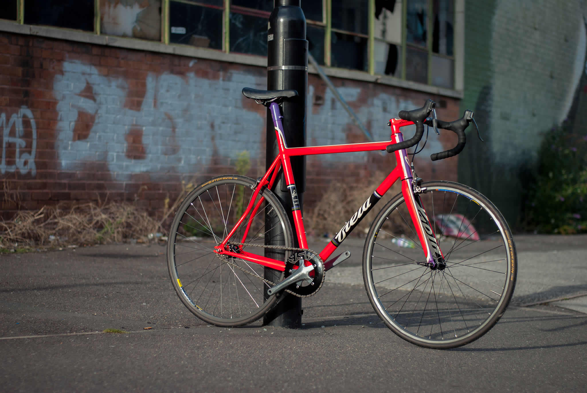 A classic racing bike leaning against a lamppost.
