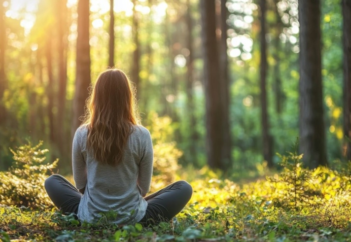 A person sits cross‑legged on the forest floor facing away from the viewer, surrounded by tall trees and lush green vegetation. Soft golden sunlight filters through the trees, illuminating patches of grass and creating a warm, tranquil atmosphere. The scene conveys a peaceful moment of stillness in nature, with the person seated at the center of the sunlit woodland.