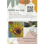 Flyer for SHED Art Club with abstract shapes, a sunflower painting, a photo of a brick building, and text promoting monthly mindful art sessions in Sheffield. Includes QR code and website donnabrewinscook.com.