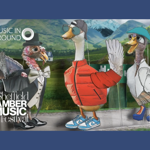 Cartoon of a duck and a goose talking to a turkey in the rain.