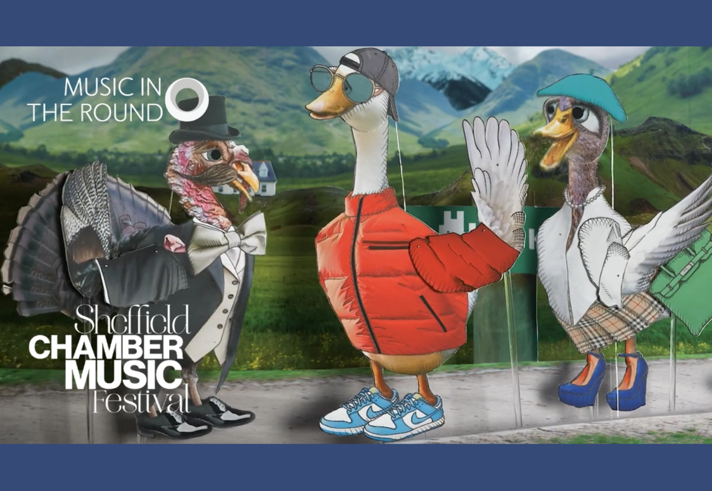 Cartoon of a duck and a goose talking to a turkey in the rain.