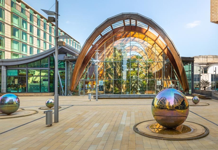 A view of the outside of the Sheffield Winter Garden seen from Millennium Square.