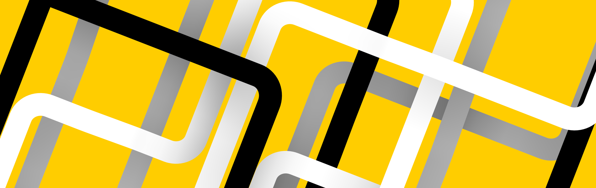 Abstract geometric design featuring overlapping rectangular outlines in black, white, and shades of gray on a bright yellow background. The shapes intersect at various angles, creating a layered, modern pattern.