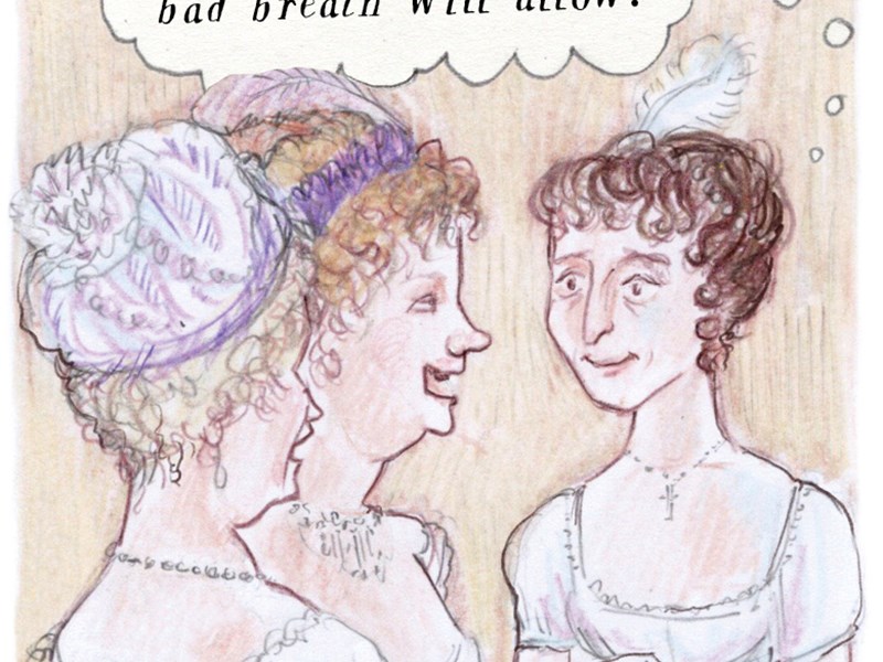 Illustration of three people in Regency-style dresses and ornate hats standing together. A thought bubble above one figure reads: “I will be as civil to these people as their bad breath will allow.” The background is beige with soft shading, and the figures are drawn in delicate pastel tones with detailed clothing and accessories.