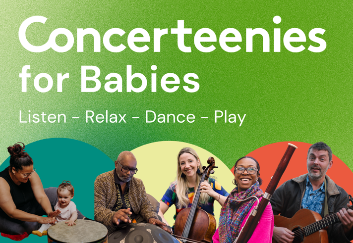 Poster for the event with pictures of people playing various instruments, and people listening and playing with small children.