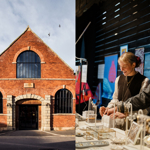 A split image; one half is a red brick building, the other shows two people at a jewellery stall.