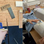 A person woodworking and a person using a sewing machine.