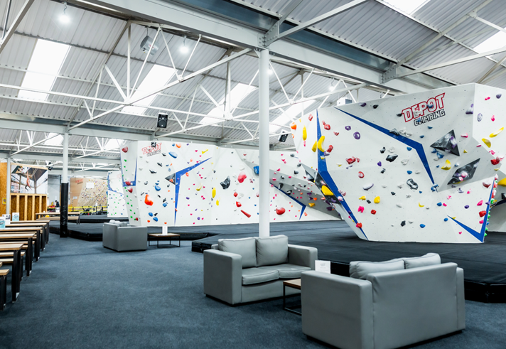 A row of climbing walls at Depot Climbing.