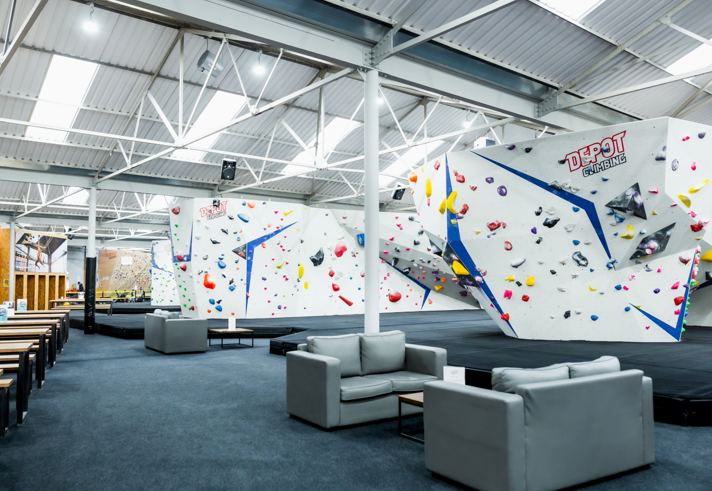 A row of climbing walls at Depot Climbing.