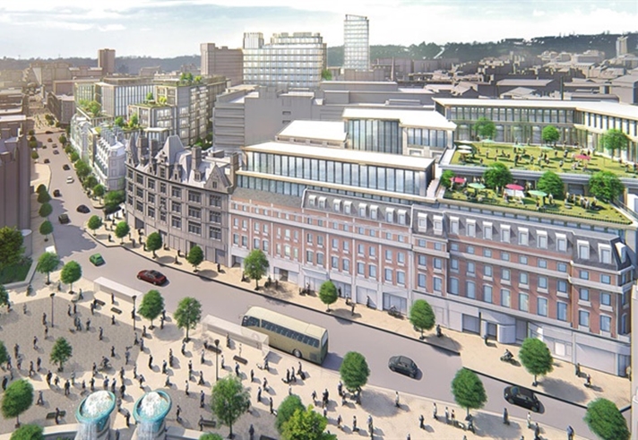 A computer generated image of Pinstone Street in Sheffield, focsing ob the Radison Blu hotel.