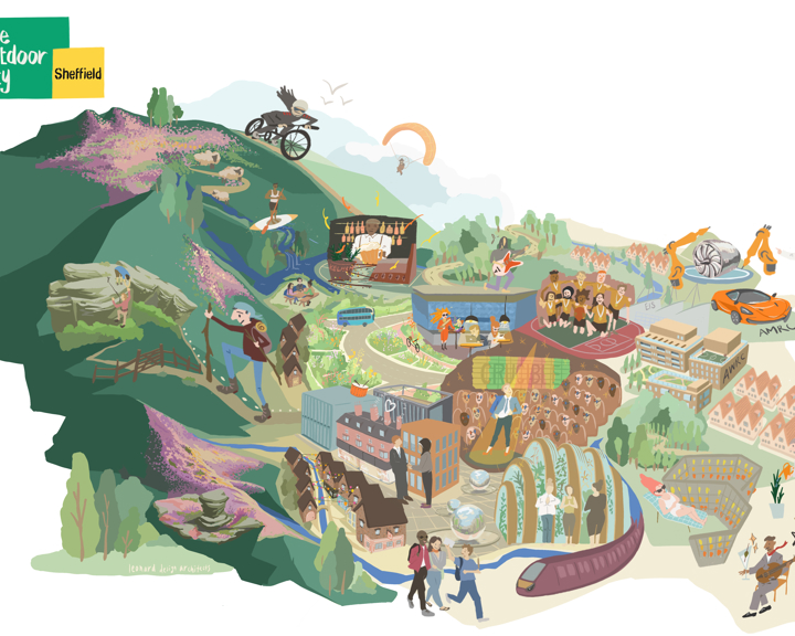 Illustration of Sheffield showing key city landmarks and the greenspace of the city