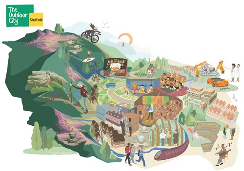An illustrated map of Sheffield highlighting all the outdoor activity that takes place in and around the city.