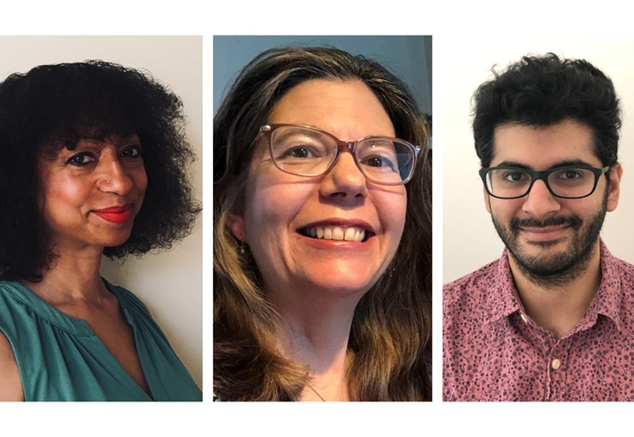 Three people shown side by side in a collage against plain backgrounds. The first person has short, voluminous curly hair and wears a sleeveless green top. The middle person has long, wavy brown hair and wears glasses. The third person has short, thick, curly black hair and wears a red patterned button-up shirt.