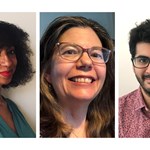 Three people shown side by side in a collage against plain backgrounds. The first person has short, voluminous curly hair and wears a sleeveless green top. The middle person has long, wavy brown hair and wears glasses. The third person has short, thick, curly black hair and wears a red patterned button-up shirt.