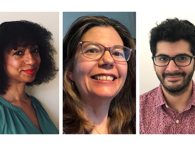 Three people shown side by side in a collage against plain backgrounds. The first person has short, voluminous curly hair and wears a sleeveless green top. The middle person has long, wavy brown hair and wears glasses. The third person has short, thick, curly black hair and wears a red patterned button-up shirt.