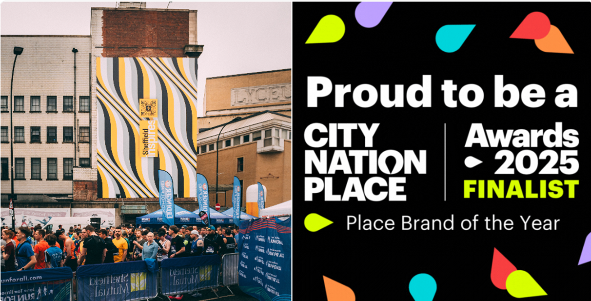 An image showing Inspires branding on a huge banner on the side of a building as runners gather to take part in Sheffield Half Marthon below it, this is set alongside some branding for Place Brand of the Year Finalist