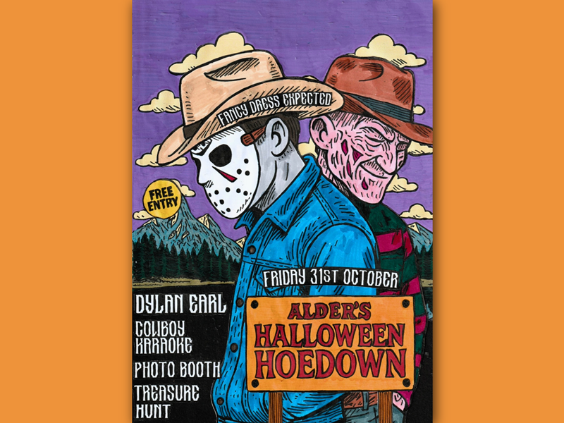 Poster for the event, with details, and an illustration of the two horror icons; Jason and Freddy Kruger.
