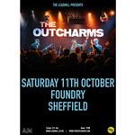 Poster for the event, with a photo of The Outcharms playing live.