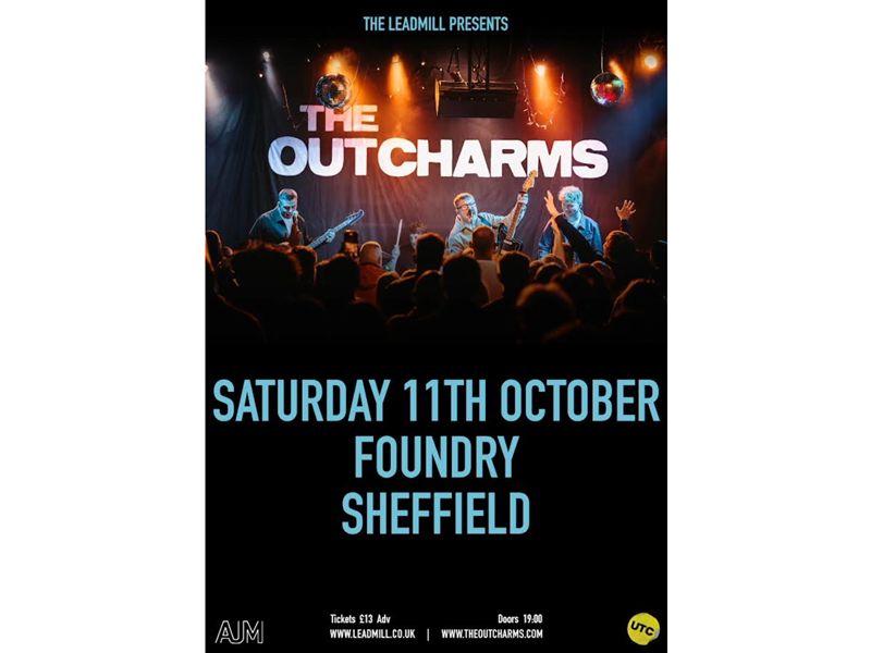 Poster for the event, with a photo of The Outcharms playing live.