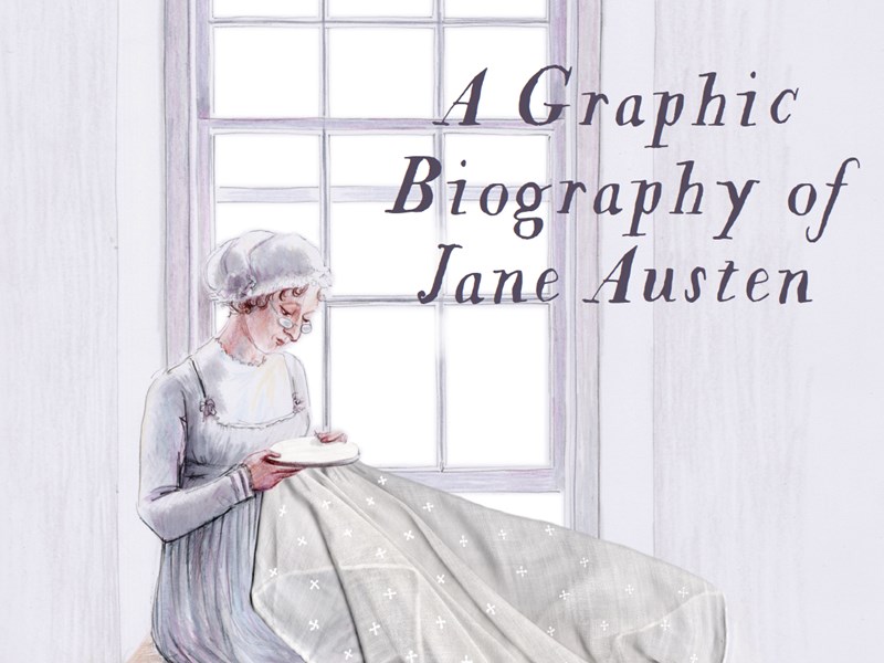 Illustrated book cover for Patchwork: A Graphic Biography of Jane Austen by Kate Evans. It shows a person in historical clothing sitting on a wooden bench by a tall-paned window, holding a needle and thread while working on a large pale quilt with small cross patterns. The title “PATCHWORK” appears at the top, and the subtitle and author’s name are in elegant serif fonts across the image.