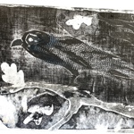 A black and white print of a bird on a branch.
