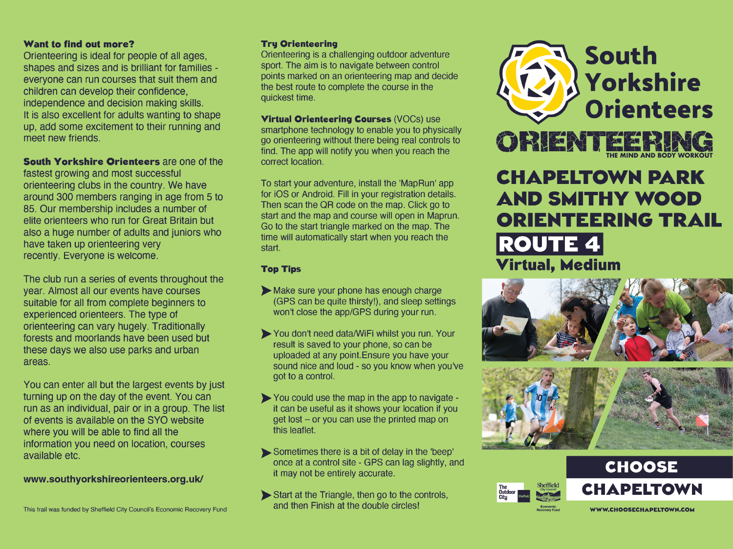 Promotional leaflet for South Yorkshire Orienteers featuring details about orienteering at Chapeltown Park and Smithy Wood, Route 4 (Virtual, Medium). The left panel explains benefits of orienteering, club info, and tips for using the MapRun app. The right panel includes the club logo, route title, photos of people orienteering outdoors, and a “Choose Chapeltown” banner with website link. Green background with black and yellow accents.