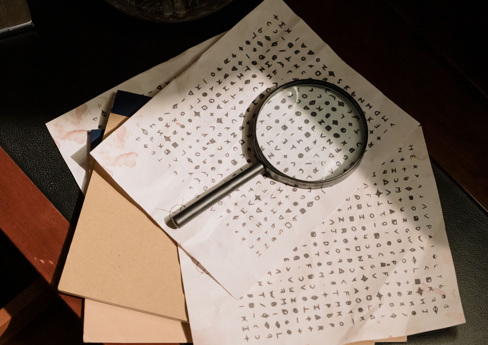Sheets of paper covered in coded symbols lie spread out on a desk, with a magnifying glass resting on top. The papers include smudges and markings, and a few plain folders sit beneath them, creating the impression of a puzzle or secret message being studied.