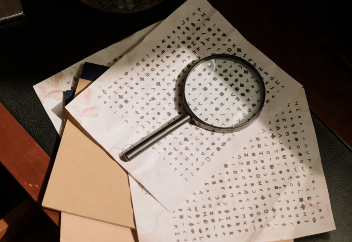 Sheets of paper covered in coded symbols lie spread out on a desk, with a magnifying glass resting on top. The papers include smudges and markings, and a few plain folders sit beneath them, creating the impression of a puzzle or secret message being studied.