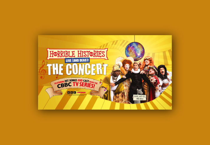 Promotional poster for “Horrible Histories Live (and Dead)! The Concert,” featuring costumed historical characters standing under a colorful disco ball. Bold text announces the event, with a banner stating “Featuring hit songs and cast from the CBBC TV series!” Musical notes and a treble clef decorate the yellow background with a piano key pattern. BBC and CBBC logos appear at the bottom.