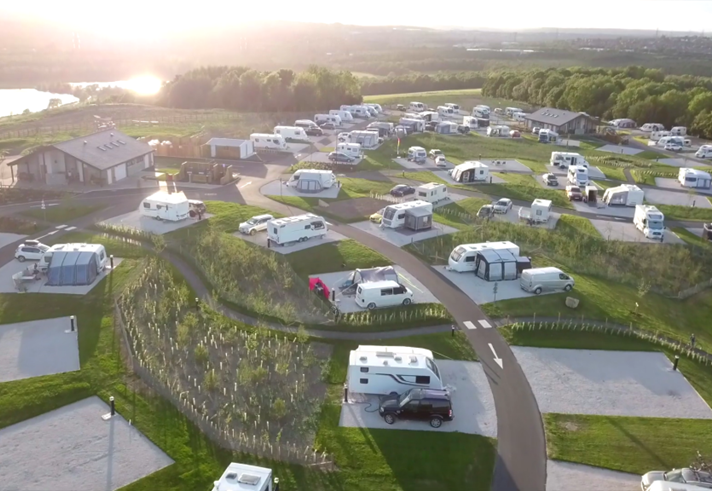 Aerial view of Waleswood Caravan and Camping Park showing caravans, camping pitches, and surrounding countryside.