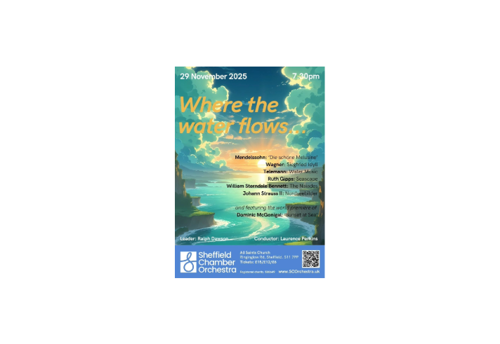 Poster for the event, listing the details, over a painting of a river.