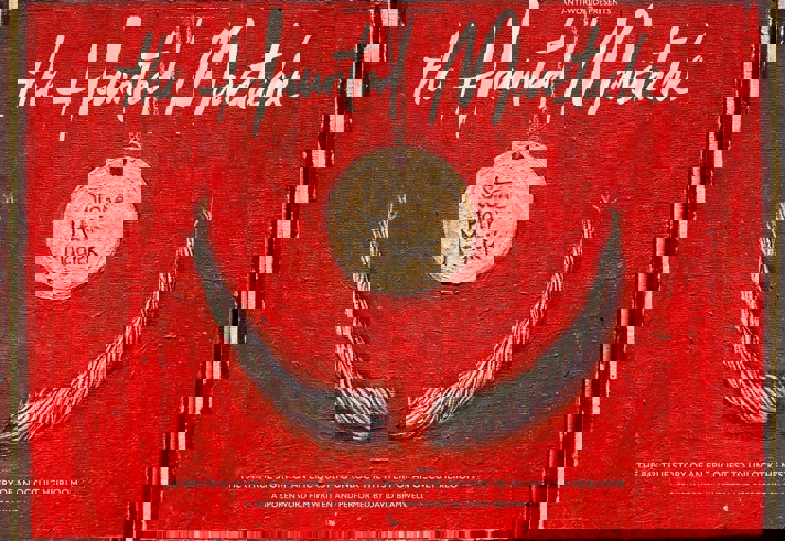 Poster for the event, featuring an illustration of a moustache that has been mounted on a red wall.