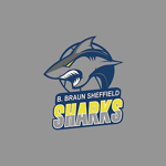 The Sheffield Sharks logo  - an illustration of a shark on a grey background above the words 'B. Braun Sheffield Sharks'.