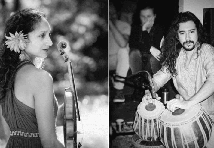 A black and white photo of a woman holding a violin and another of a person playing tablas.