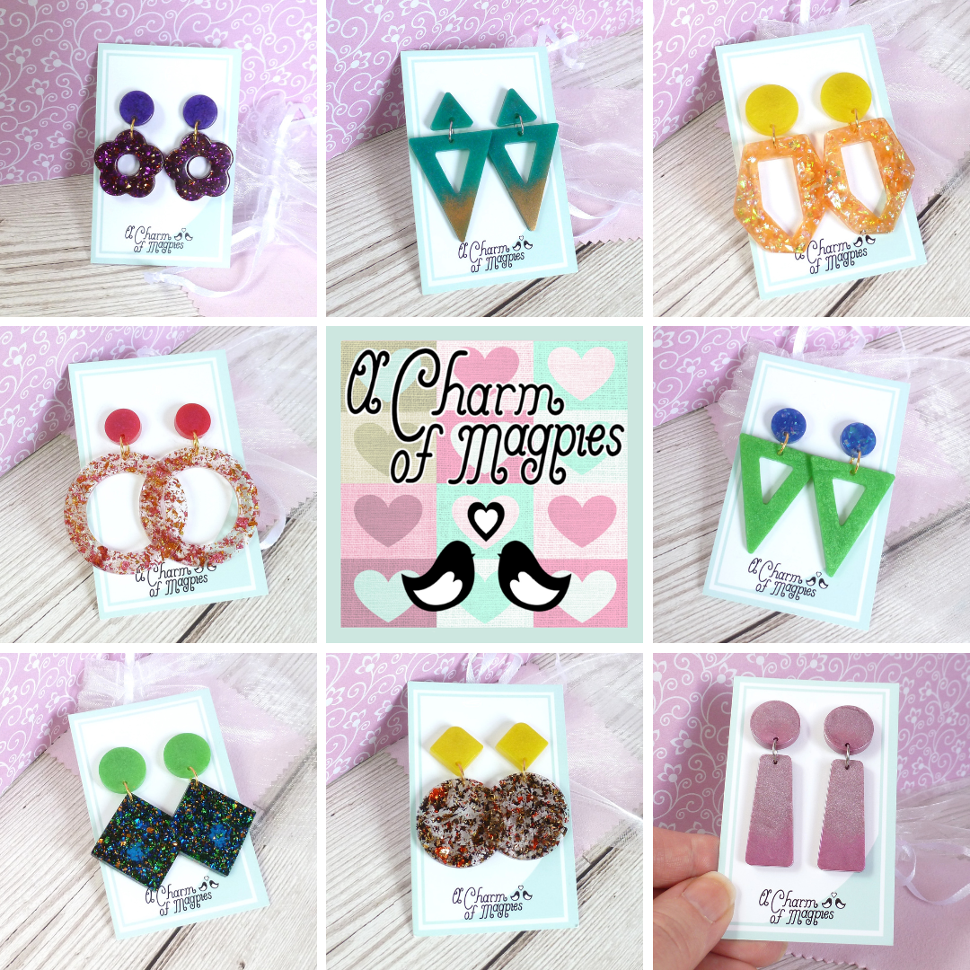 Nine-image grid showcasing colorful handmade geometric earrings in various shapes and finishes, including glitter circles, green triangles, yellow and orange hoops, and pink rectangles, with central logo reading 'A Charm of Magpies' surrounded by pastel hearts.