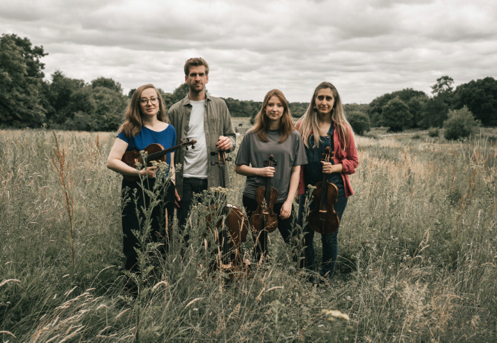 A group of four people standing in a tall grassy field, each holding a string instrument including violins and a cello. They are arranged in a line with trees and a cloudy sky in the background, creating a natural, rustic setting.