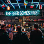 Customers being served at a busy bar with an illuminated sign overhead that reads "the beer comes first"