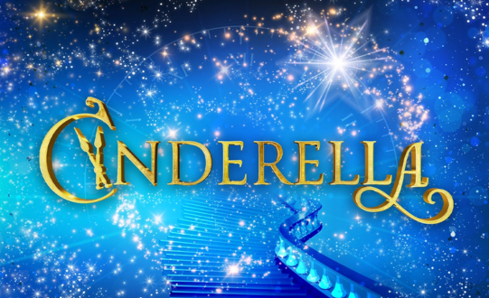 Blue starry background with sparkling lights and a glowing white star, featuring the word “Cinderella” in elegant gold lettering. A stylized glass slipper forms part of the letter “C,” and a curved staircase fades into the background, evoking a magical, fairytale theme.
