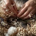 Close-up of someone making a wreath from dried flowers.