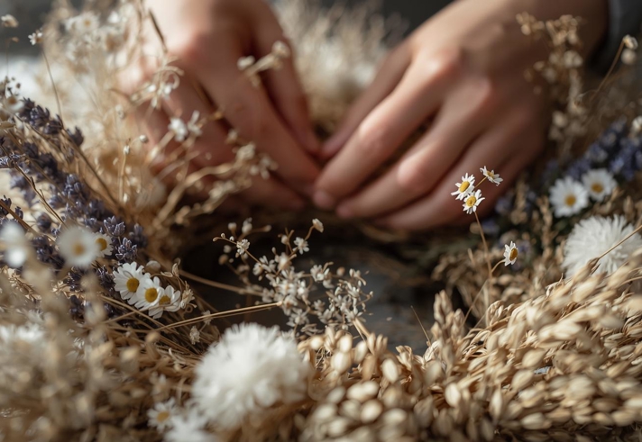 Close-up of someone making a wreath from dried flowers.