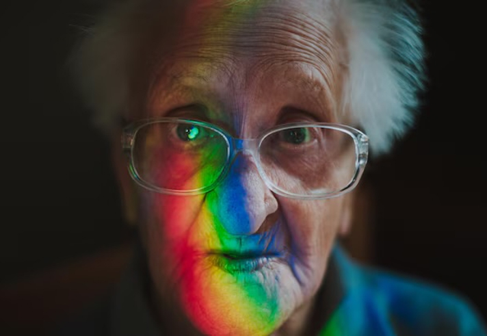 A close-up portrait senior woman with rainbow face wearing spectacles.