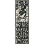 Black and white illustrated poster for an Arts & Crafts exhibition. The top section shows two figures working on a decorative circular design. Below, bold text reads: “ARTS & CRAFTS EXHIBITION SEP. 26 – OCT. 22 CITY ART GALLERY FREE 10–9 NORTHERN ART WORKERS GUILD.”