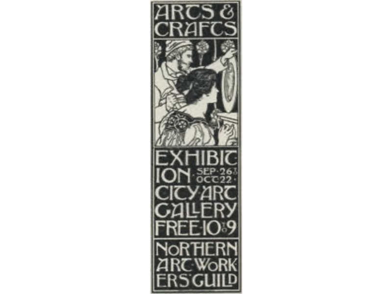 Black and white illustrated poster for an Arts & Crafts exhibition. The top section shows two figures working on a decorative circular design. Below, bold text reads: “ARTS & CRAFTS EXHIBITION SEP. 26 – OCT. 22 CITY ART GALLERY FREE 10–9 NORTHERN ART WORKERS GUILD.”