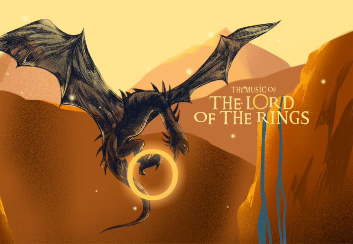 Illustrated scene of a black, winged dragon swooping between rocky orange cliffs at sunset. The dragon holds a glowing golden ring in its claws, with a small silhouetted figure inside the ring’s light. Blue streams run down the cliffs, and text on the right reads “The Music of The Lord of the Rings.”