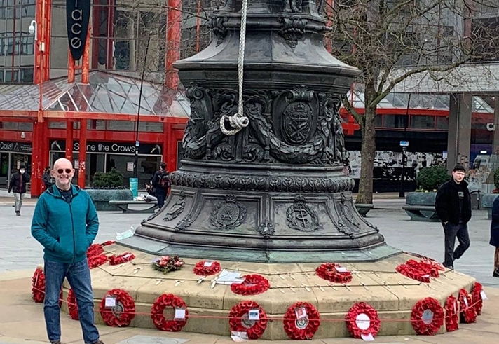 A photo of the Steel City Walking guide in Barkers Pool, Sheffield.