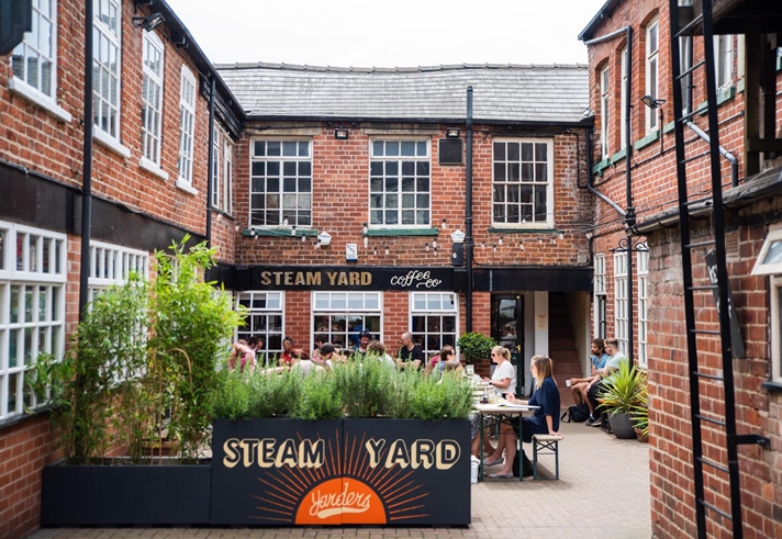 An exterior shot of Steam Yard, a popular coffee shop in Sheffield.