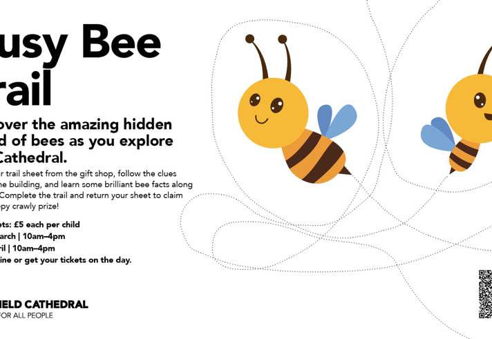 Poster for the event with cartoon illustrations of two bees flying about.