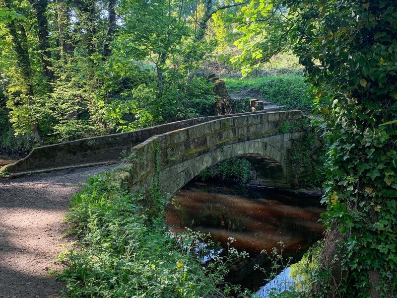 A stone bridge across a river on the Rivelin Valley Trail.